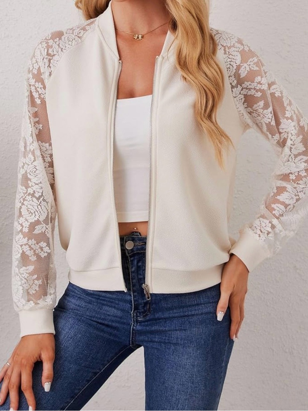 Lace-Sleeve Cream Bomber Jacket by - Picture 6 of 7